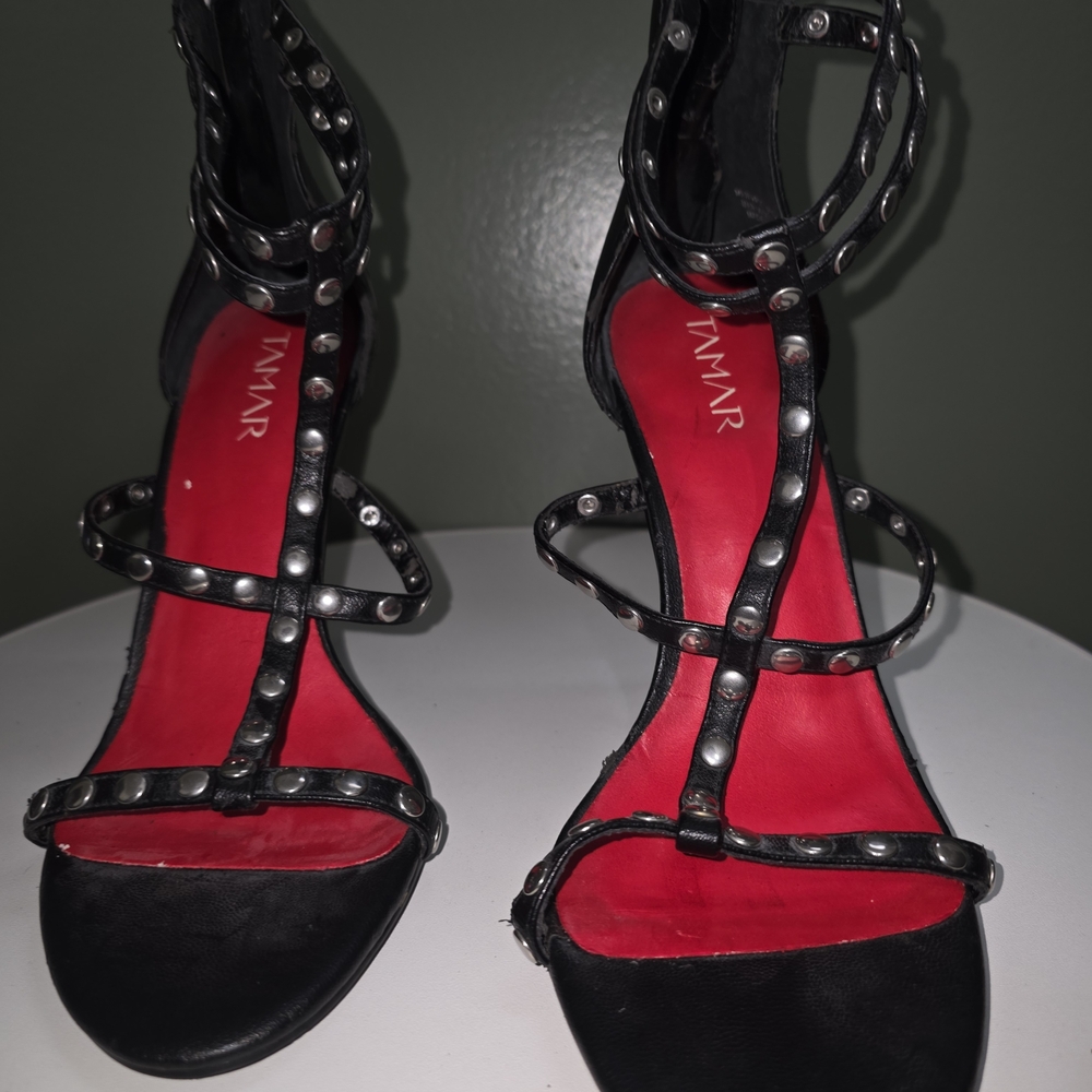 Elegant Black Strappy Heels with Silver Accents
